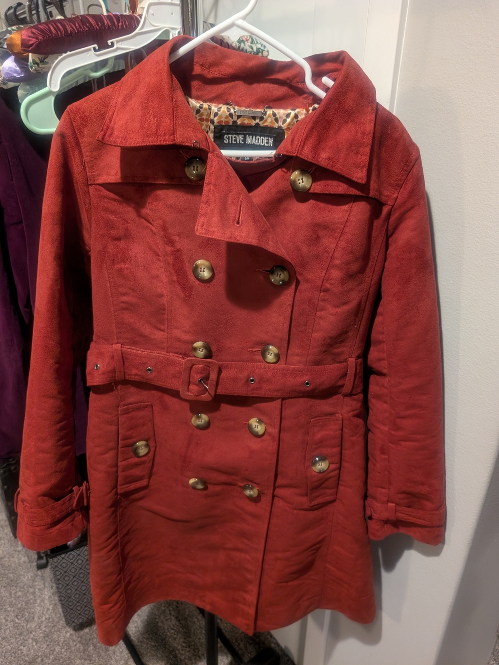 Steve Madden Red Double-Breasted Belted Trench Coat